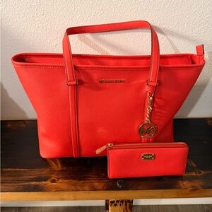 Michael Kors Vibrant Red Tote and Wallet Set